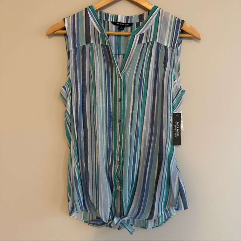 Zac & Rachel Sleeveless Button‑Down Tie‑Front Blouse Women’s S | Blue & Green